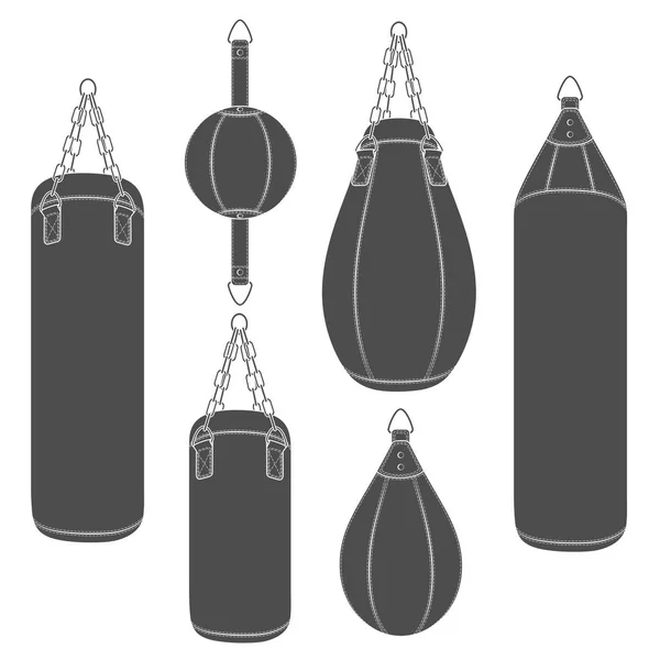 Set Ilustraciones Blanco Negro Con Saco Boxeo Peras Boxeo Objetos — Vector de stock