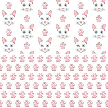 Beyaz kedi yüz ve pençe ile sorunsuz desenleri kümesi yazdırır. Beyaz bir arka plan üzerinde renkli vektör arka planlar.