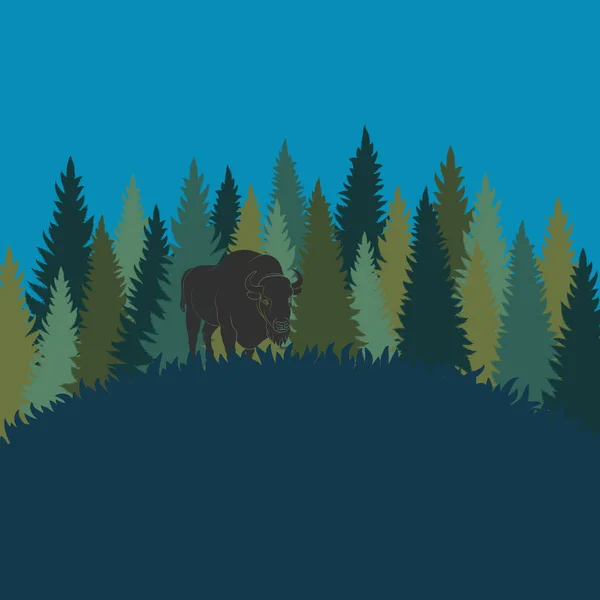 Paisaje Forestal Con Bisontes Bosque Abetos Fondo Color Vectorial Con — Vector de stock