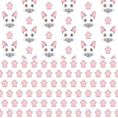 Gri kedi yüz ve pençe ile sorunsuz desenleri kümesi yazdırır. Beyaz bir arka plan üzerinde renkli vektör arka planlar.