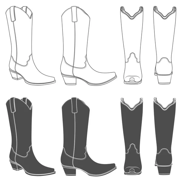 カウボーイ ブーツと黒と白のイラストのセットです 白い背景の分離ベクトル オブジェクト — ストックベクタ