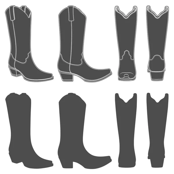 Set Black White Illustrations Cowboy Boots Isolated Vector Objects White — Stock Vector