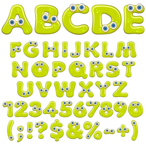Gelee Alphabet Buchstaben Zahlen Und Zeichen Mit Blauen Augen Isolierte — Stockvektor