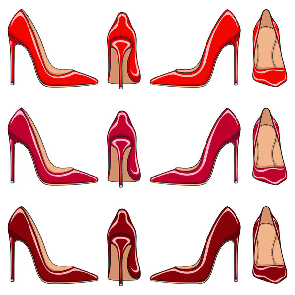 Female red classic shoes with heels. Set of vector color illustrations on a white background.