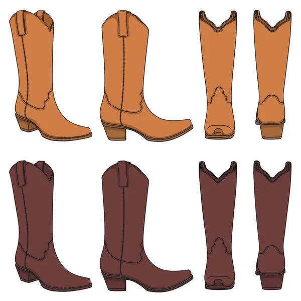 Set Ilustraciones Color Con Botas Vaqueras Objetos Vectoriales Aislados Sobre — Archivo Imágenes Vectoriales