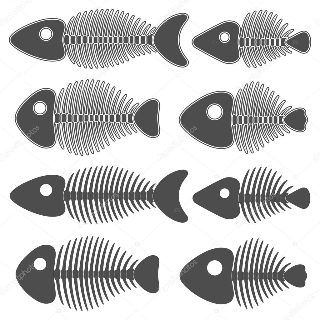 Set of black and white illustrations with fish skeletons. Isolated vector objects on white background.