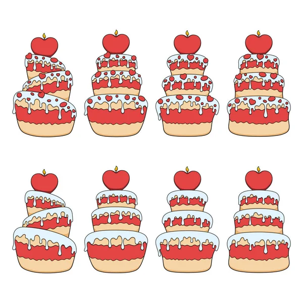 一套彩色插图与红色和白色蛋糕与心 白色背景上的隔离矢量对象 — 图库矢量图片