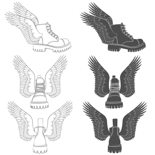 Set Black White Illustrations Boots Wings Isolated Vector Objects White — Stock Vector