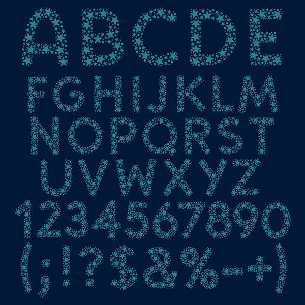 Alfabe, harfler, sayılar ve Mavi takım yıldızları, yıldız ve nokta işaretleri. Beyaz arka plan üzerinde izole vektör nesneleri kümesi.