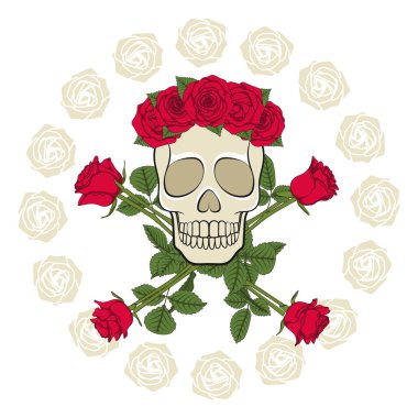 Bir çelenk, kafatasında kırmızı gül ile dekore edilmiştir. Beyaz arka plan üzerinde renkli vektör nesnelerini izole.