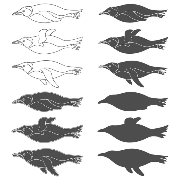 Uppsättning Svartvita Illustrationer Med Simning Pingviner Isolerade Vektor Objekt Vit — Stock vektor