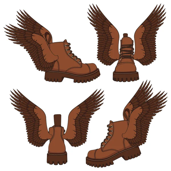 Set Color Illustrations Brown Boots Wings Isolated Vector Objects White — Stock Vector