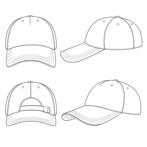 Beyzbol şapkalı siyah beyaz çizimler. Beyaz arkaplandaki izole vektör nesneleri.