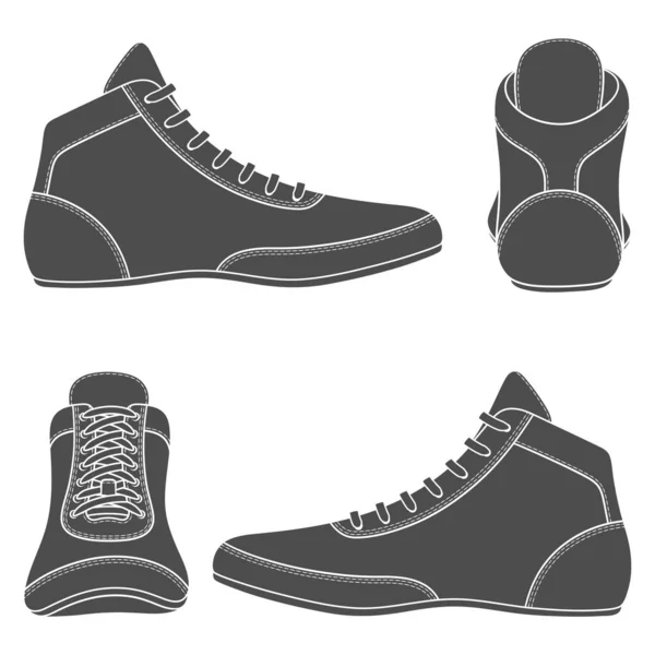 Zestaw Czarno Białych Ilustracji Butami Wrestlingu Buty Sportowe Izolowane Obiekty — Wektor stockowy
