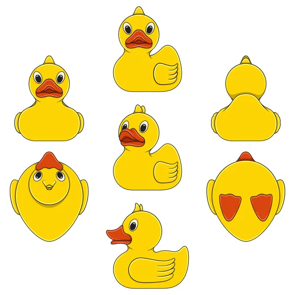 Set Ilustraciones Color Con Pato Amarillo Juguete Objetos Vectoriales Aislados — Vector de stock