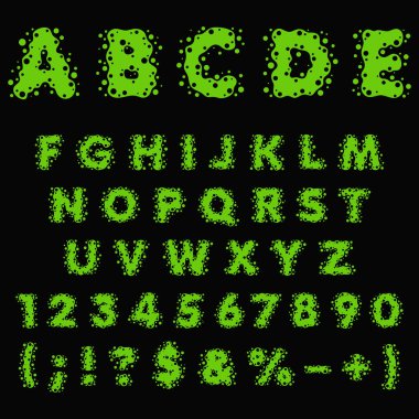 Alfabe, harfler, sayılar ve yeşil balçıktan yapılmış işaretler, sıvı. Siyah arkaplan üzerinde izole edilmiş renkli vektör nesneleri.