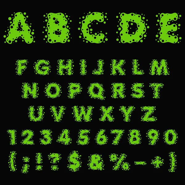 Alfabe, harfler, sayılar ve yeşil balçıktan yapılmış işaretler, sıvı. Siyah arkaplan üzerinde izole edilmiş renkli vektör nesneleri.