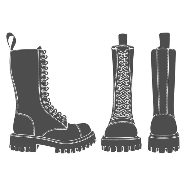 Set Ilustraciones Blanco Negro Con Botas Botas Altas Con Cordones — Vector de stock