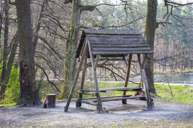 Parkta çatısı ve masası olan bank. Bahar yeşil ilerler. Gündüz gölgeleri. İnanılmaz doğa.