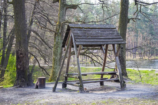 Parkta çatısı ve masası olan bank. Bahar yeşil ilerler. Gündüz gölgeleri. İnanılmaz doğa.