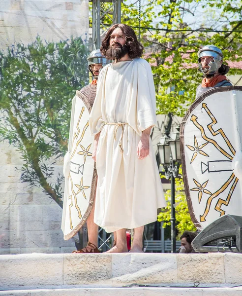 イースター演劇制作 素晴らしい演技ゲーム イエス キリストの裏切り 死と復活 ユダヤ人 ローマの兵士 イエスとイエス自身の弟子 イベントは オデッサ — ストック写真