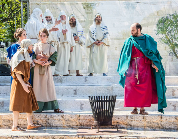 Easter theatrical production. Awesome acting game. The betrayal, death and resurrection of Jesus Christ. Jews, Roman soldiers, disciples of Jesus and Jesus himself. The events take place on central street of  city of Odessa, Ukraine, April 27, 2019.