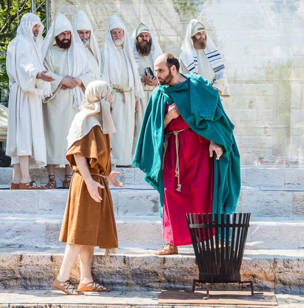 Easter theatrical production. Awesome acting game. The betrayal, death and resurrection of Jesus Christ. Jews, Roman soldiers, disciples of Jesus and Jesus himself. The events take place on central street of  city of Odessa, Ukraine, April 27, 2019.