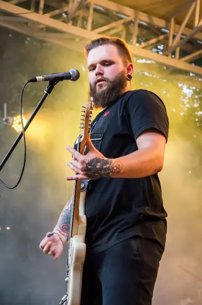 Rock konseri Odessa City, Ukrayna, Açık Hava Tiyatrosu Green Theater denilen yapıldı. Sahnede müzikal gruplar, şarkıcılar ve müzisyenler vardır. İnsanların portreleri. Portreler. Müzik aletleri.