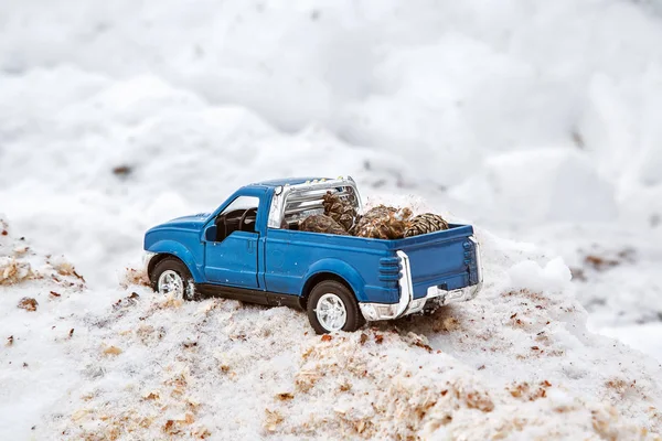 Blue toy pickup truck in sawmill. Stuck at snowdrift and sawdust. Carrying fir cones in the back of a car body.