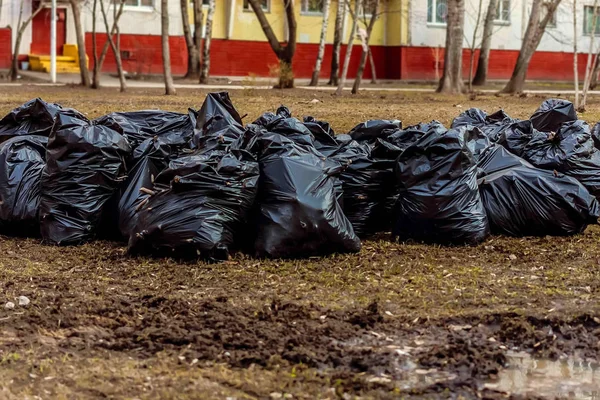 Pile of many black plastic bags with waste on the ground. Garbage collection in the city.