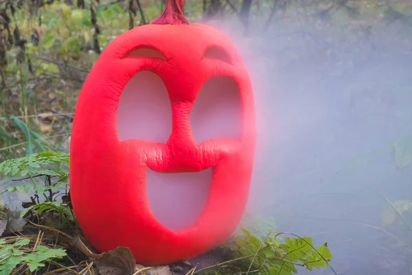 Pink colored Halloween pumpkin in the autumn forest on an old stump. Jack lantern with vapor from the mouth. In smoke or fog.