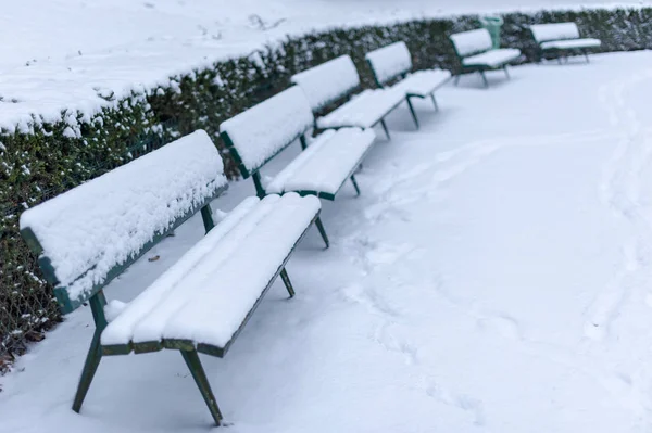 Panchine sotto la neve in un parco pubblico in inverno — Foto Stock