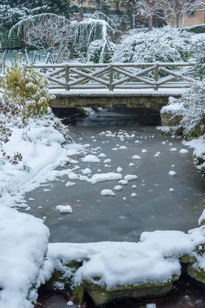 Mrożone strumienia i mały most pod śniegiem zimą — Zdjęcie stockowe