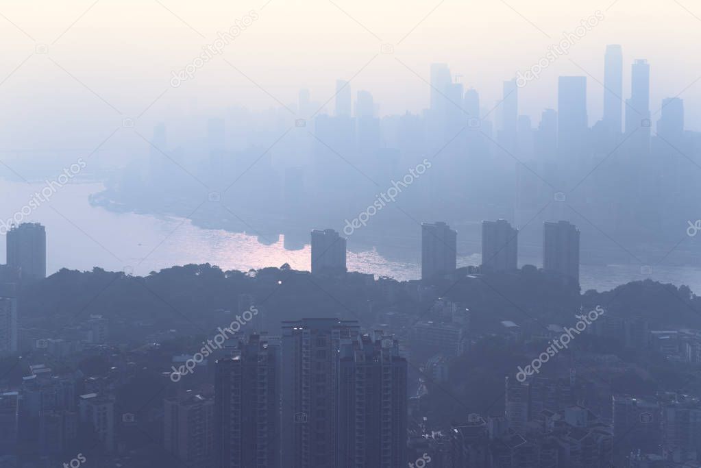 Chongqing city skyline aerial view in the fog