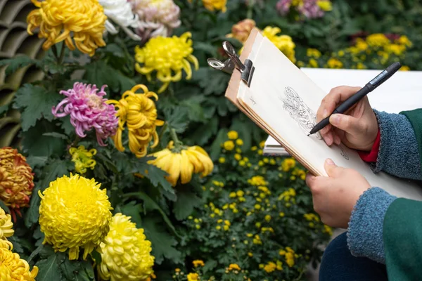 Woman drawing chrysanthemum flower in Chengdu peoples park — Stock Photo, Image