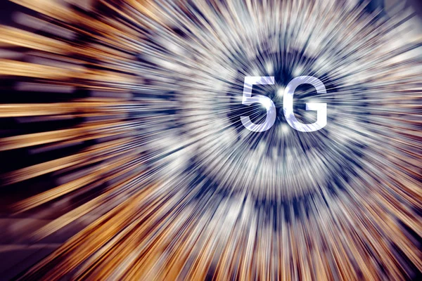 5G on a neon light radial lines background — Stock Photo, Image