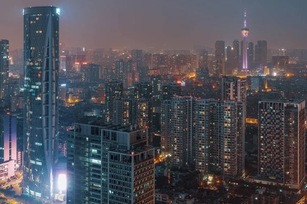 Widok lotniczy Chengdu skyline w nocy — Zdjęcie stockowe