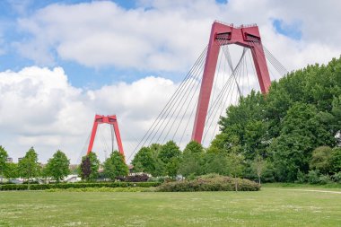 Bir parktan mavi gökyüzüne karşı kırmızı kablo köprü