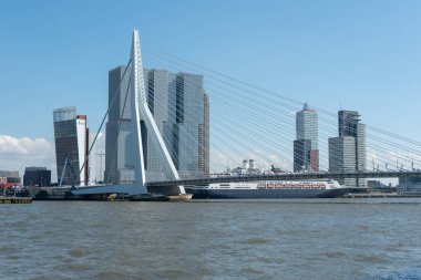 Yeni Meuse nehir sınırlarından Rotterdam silüeti görünümü