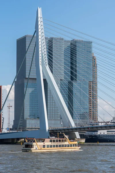 Vista sullo skyline di Rotterdam dai confini della Nuova Mosa con le barche — Foto Stock
