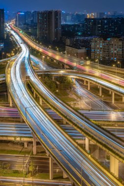 Chengdu gece büyük kavşak hava görünümü