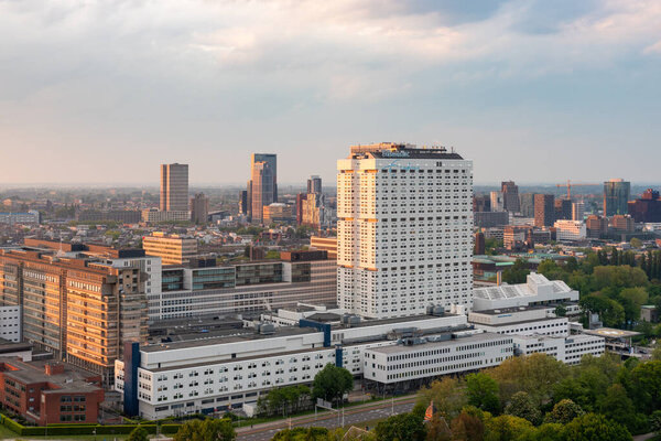Rotterdam, Netherlands - May 7, 2019 : Erasmus University Medical Center university aerial view at sunset