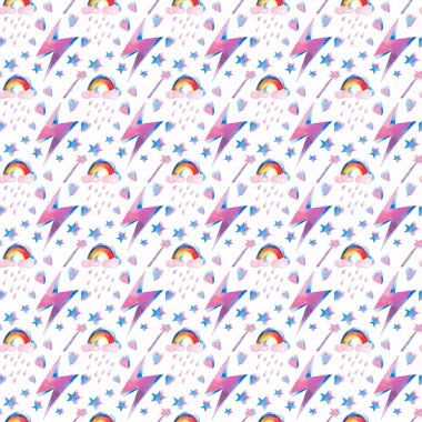 Parlak güzel güzel şirin peri büyülü renkli desen sihirli öğeleri: şimşek, gökkuşağı, sihirli değnek, kupa, suluboya el illüstrasyon yıldız. Tebrik kartları için mükemmel tekstil.