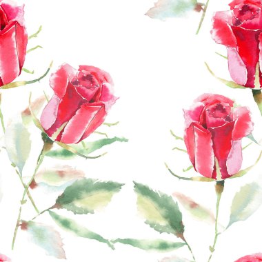 Güzel parlak sofistike harika güzel bahar yaz çiçek bitki botanik parlak kırmızı rustik gül yeşil yaprakları desen suluboya el kroki ile. Kartları mükemmel Tekstil