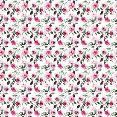 İhale nazik sofistike harika güzel şirin bahar çiçek bitki botanik kırmızı toz pembe Mor gül yeşil yaprakları desen suluboya el kroki ile. Tekstil için mükemmel