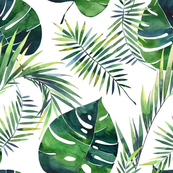 Parlak güzel yeşil bitkisel tropikal harika hawaii çiçek yaz desen tropic palmiye suluboya el illüstrasyon bırakır. Tekstil, duvar kağıtları, arka planlar için mükemmel