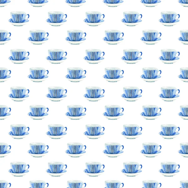 美丽的艺术招标精美的蓝色瓷器中国茶杯图案水彩手插图 完美的纺织品 — 图库照片