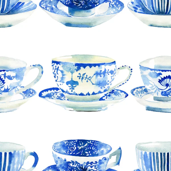 Hermosa Tierna Artística Maravillosa Porcelana Azul Tazas Patrón Acuarela Mano —  Fotos de Stock