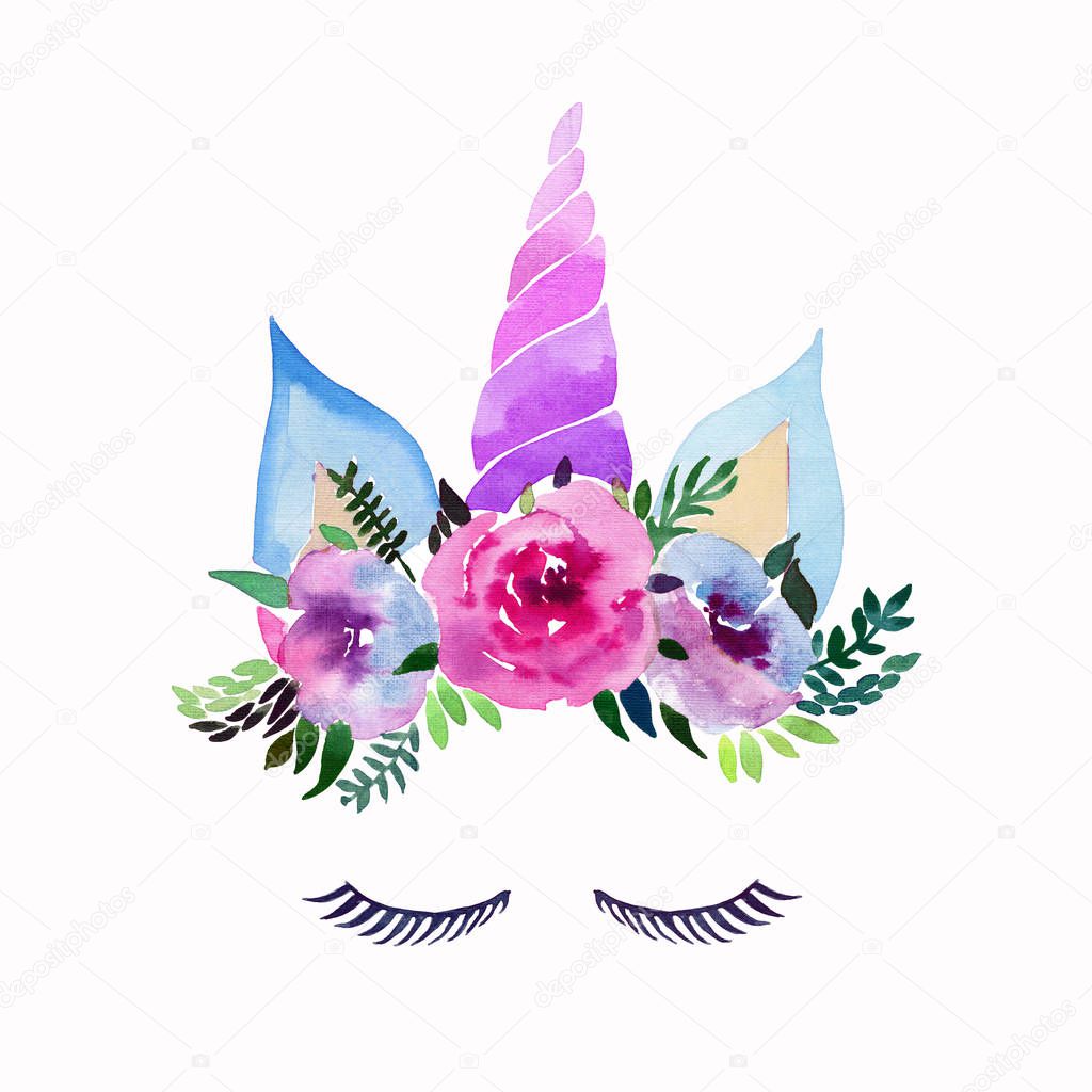 Bright beautiful spring lovely cute fairy magical colorful pattern of unicorns with eyelashes in the floral tender crown watercolor hand illustration Perfect for greeting cards, textile, backgrounds