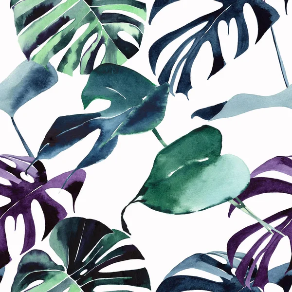 明亮的美丽的绿色草药热带美妙的夏威夷花卉夏季图案的热带棕榈叶水彩手插图 完美的纺织品 — 图库照片